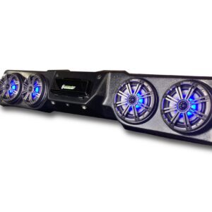 Speaker system with blue illuminated lights.