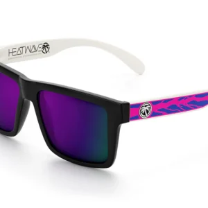 Sunglasses with purple lenses and colorful arms.