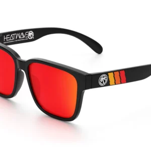 Black sunglasses with red reflective lenses.