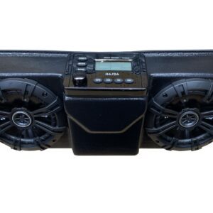 Portable stereo system with speakers and digital display.