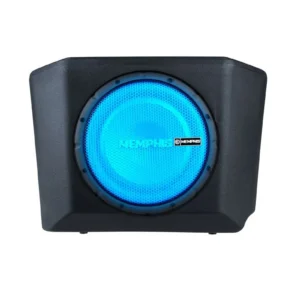 Compact blue-lit car subwoofer in a black enclosure.