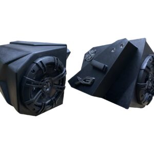 Two black angular speakers with protective grills.