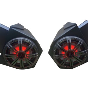 Close-up of two black speakers with red lights inside.