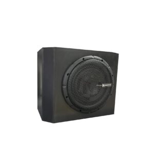 Black subwoofer speaker with protective grille.