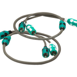 Gray audio cables with teal RCA connectors