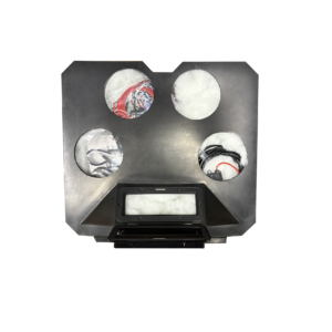 Black panel with circular cutouts and wires