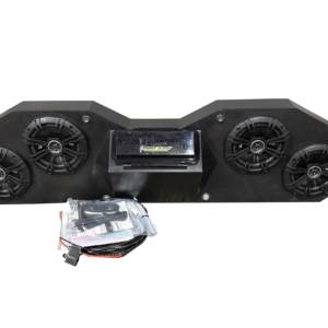 Black four-speaker audio soundbar with accessories