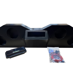 Black quad subwoofer enclosure with amp and wiring