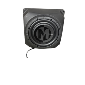 Black subwoofer speaker in square enclosure