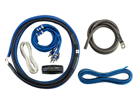 Car amplifier wiring kit with blue cables