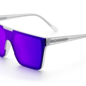 Clear frame sunglasses with purple mirrored shield