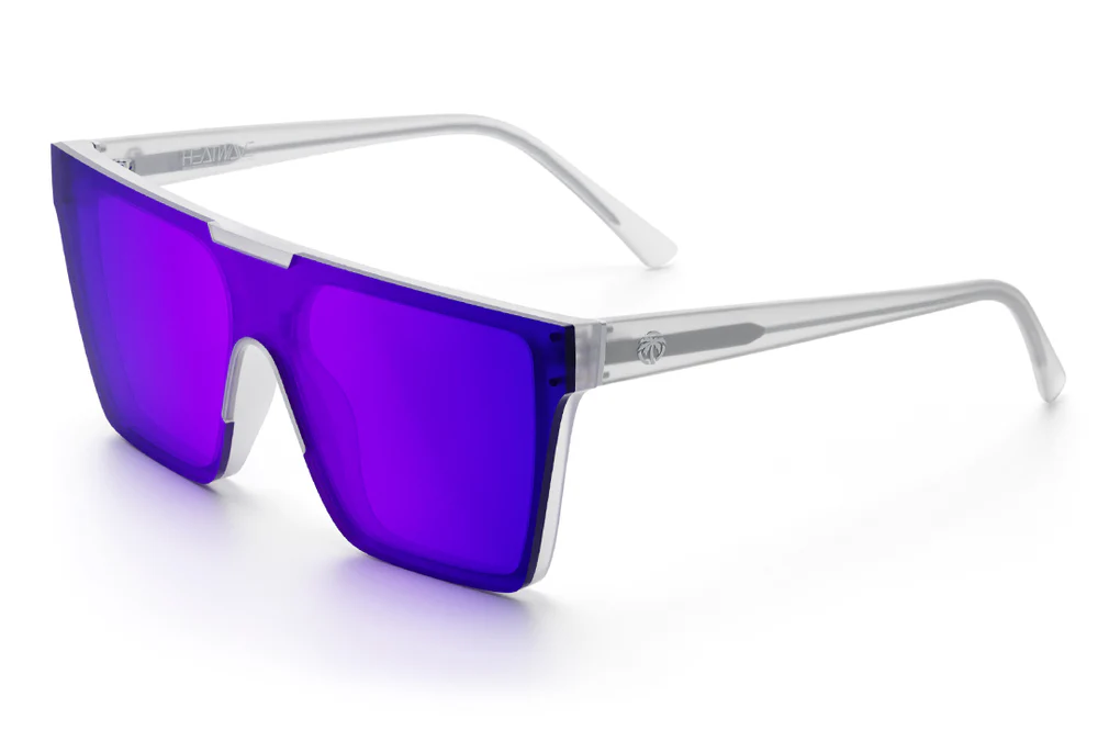 Clear frame sunglasses with purple mirrored shield
