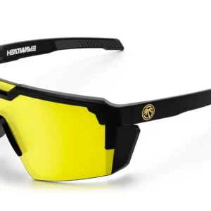 Black wraparound sunglasses with yellow shield lens