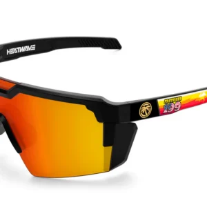 Black wraparound sunglasses with orange mirrored lenses