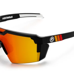 Black sports sunglasses with orange mirrored lenses