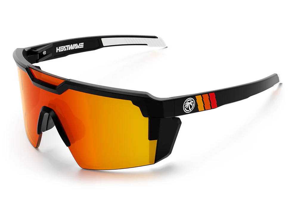 Black sports sunglasses with orange mirrored lenses