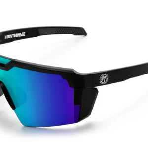 Black wraparound sports sunglasses with blue mirrored lens