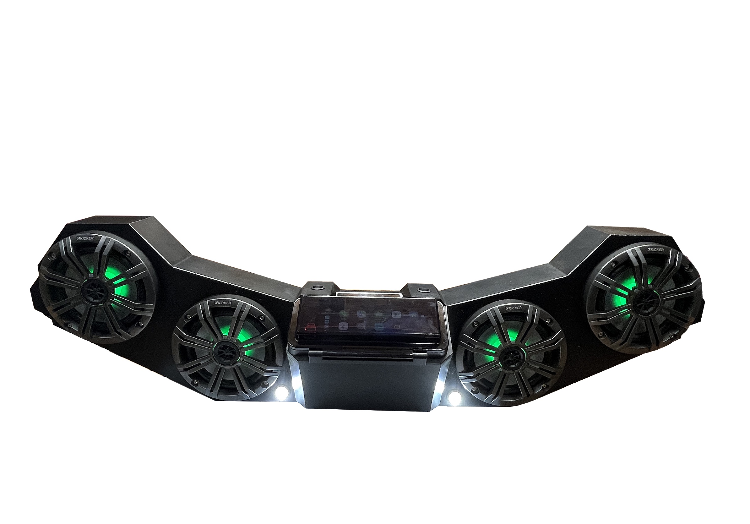 Black marine tower speakers with green LED lights