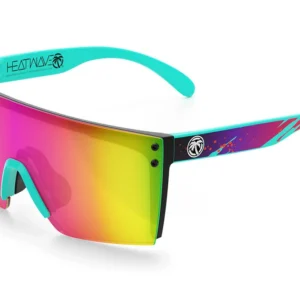 Sporty teal-frame mirrored visor sunglasses