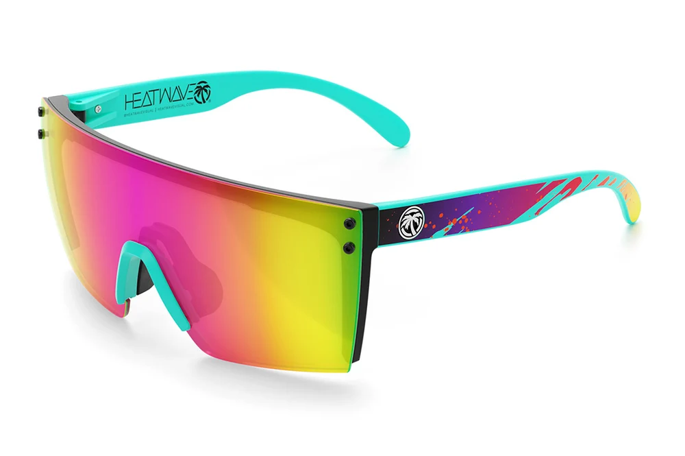 Sporty teal-frame mirrored visor sunglasses
