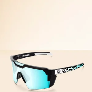 Mirrored turquoise sports sunglasses with patterned temples