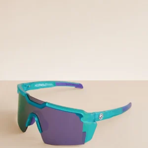 Teal and purple shield-lens sports sunglasses