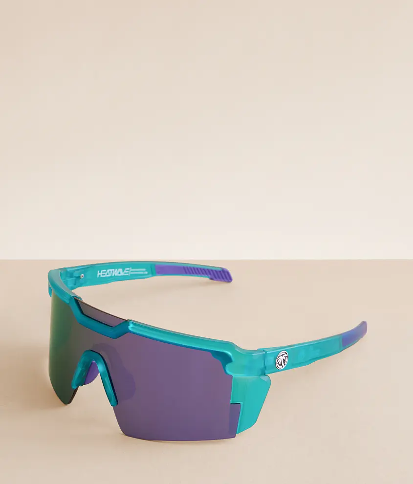 Teal and purple shield-lens sports sunglasses