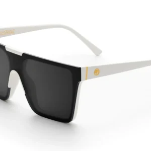 Oversized white sunglasses with black shield lenses