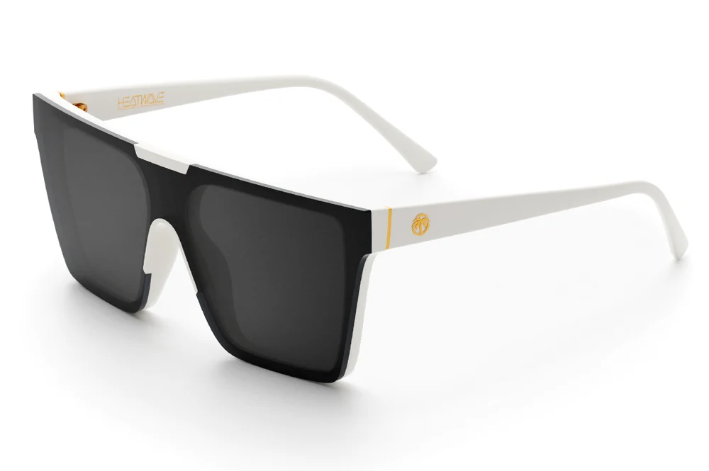 Oversized white sunglasses with black shield lenses