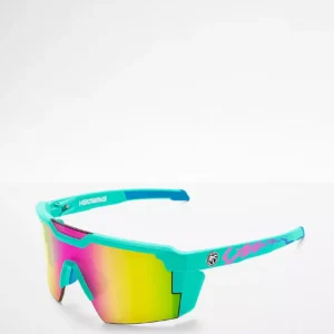 Turquoise sports sunglasses with mirrored rainbow lenses