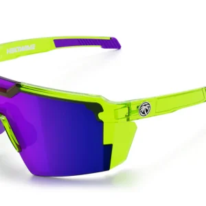Neon green sports sunglasses with purple mirrored lens