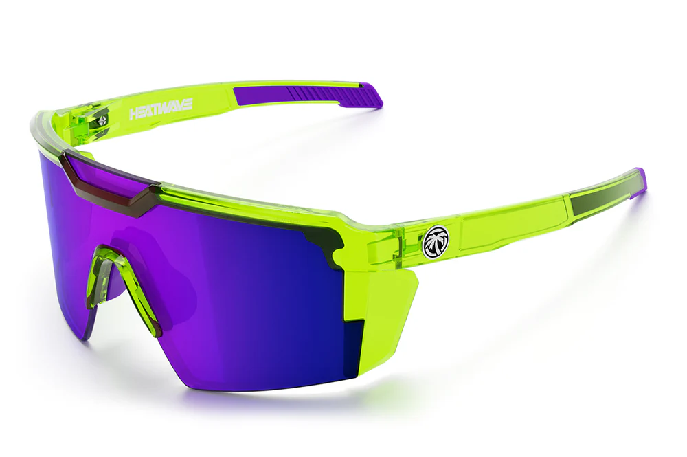 Neon green sports sunglasses with purple mirrored lens